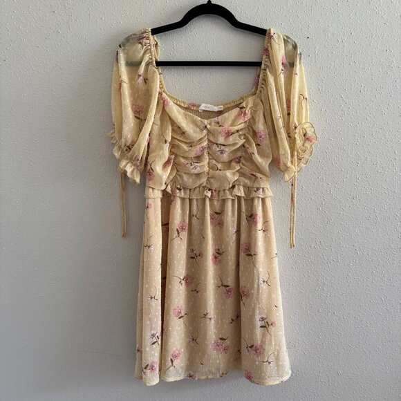 LUSH Yellow Floral Ruched Puff Sleeve Mini Dress M - Picture 1 of 5